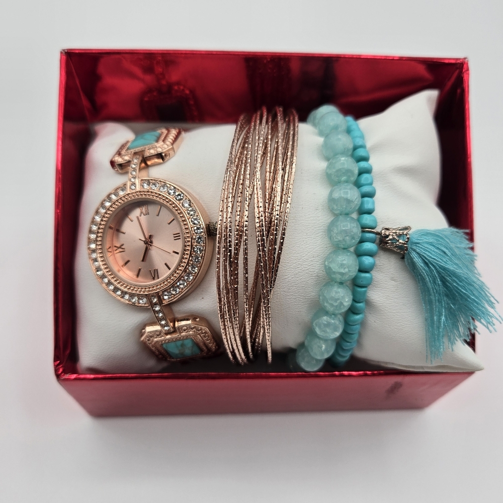 Rose Gold Tone Faux Turquoise Jewel Watch And Bracelets Gift Set 7"